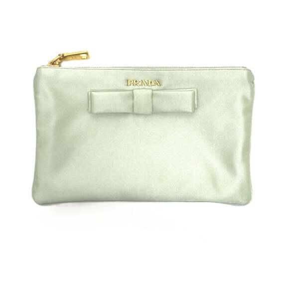 PRADA 1M1214 Logo Ribbon Flat Clutch Bag Makeup Pouch Multi-Pouch Satin W...